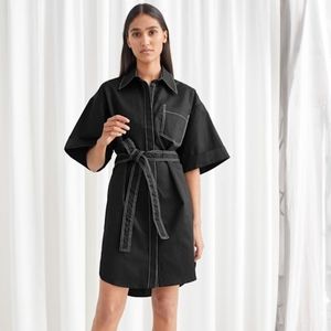 & Other Stories Black Topstitch belted mini dress